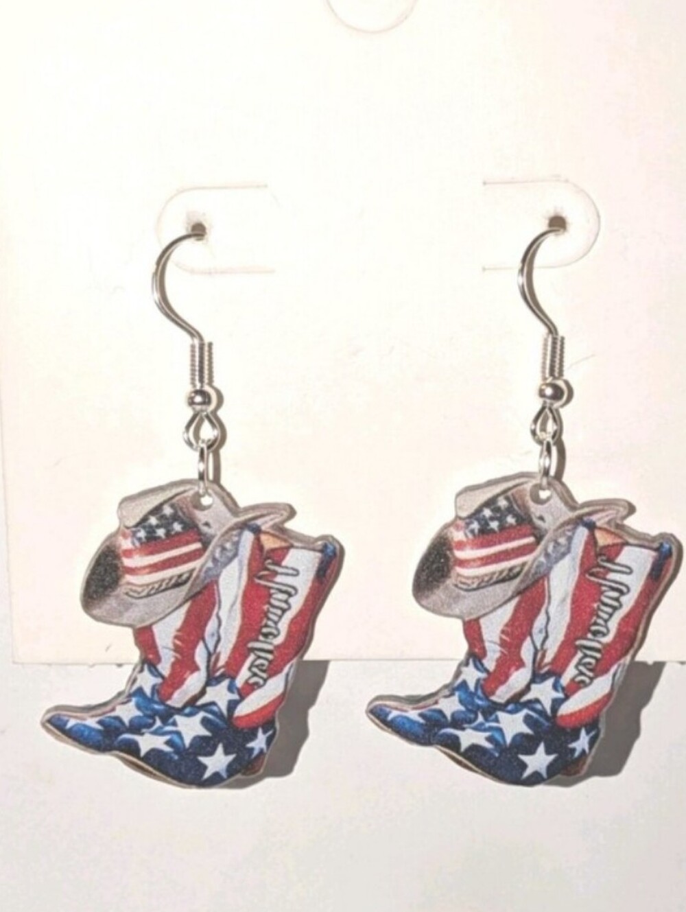 Patriotic Cowboy Boot & Hat Dangle Earrings - Red, White & Blue
